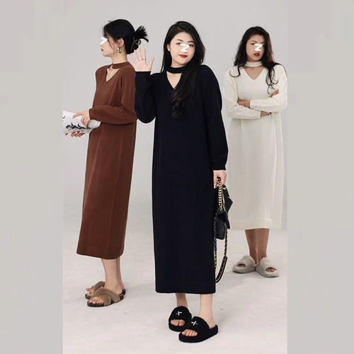 Длинное трикотажное платье, базовый свитер, юбка, большой размер, по фигуре