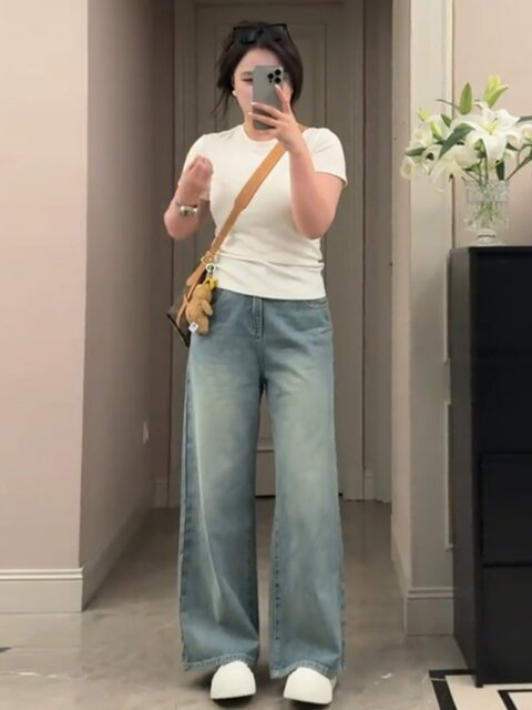 Plus-Size Tencel Jeans for Women, Spring and Summer Thin Style, Slimming Loose Straight-Leg Light-Colored Wide-Leg Pants, High-Waisted Trousers