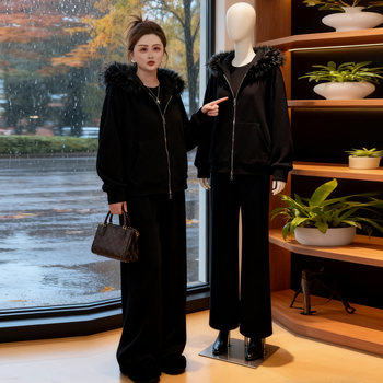 Plus-Size Hooded Sweatshirt Set for Women, Autumn and Winter, Slimming Thickened Sporty Fashion Two-Piece Set for Chubby Women