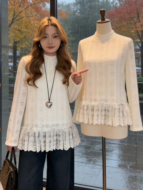 Large size lace ruffled inner T-shirt for women in autumn and winter fat mm stand-up collar bottoming shirt slim and versatile design top