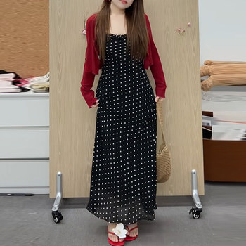 Plus-Size French Retro Polka-Dot Spaghetti Strap Dress for Women, Summer Slimming Design, Flattering Vacation Long Dress