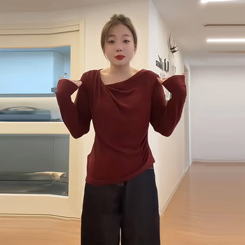 Plus-Size Swing-Neck Long-Sleeve T-Shirt for Women, Autumn and Winter, Slimming Design for Slightly Chubby Figures, Unique Waist-Cinching Base Layer Top