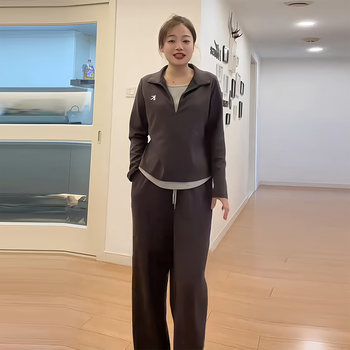 Plus-Size Simple Sporty Style Suit for Women, Autumn and Winter, Slimming Casual Half-Open Collar Top and Wide-Leg Pants Two-Piece Set