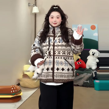 Plus-Size Casual Fair Isle Lamb Wool Coat for Women, Autumn and Winter, Slimming Stand Collar Zipper Warm Age-Reducing Top