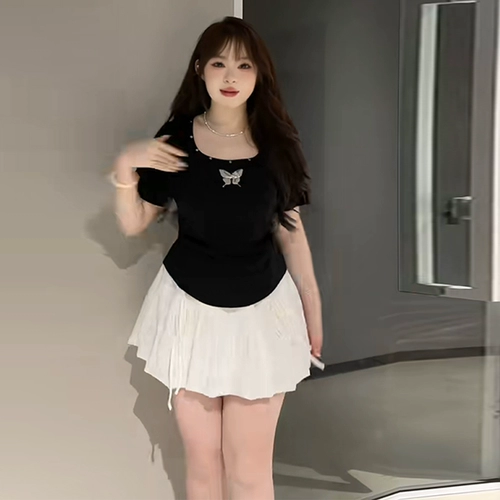 Сексуальная летняя дизайнерская футболка с коротким рукавом, большой размер, облегающий крой, высокая талия, тренд сезона