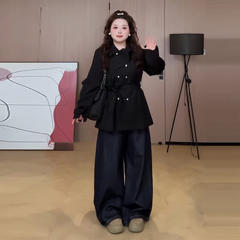 Plus-Size Hepburn-Style Trench Coat for Women, Autumn and Winter, Versatile, Slimming, Waist-Cinching, Short, High-End Top