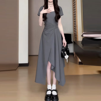 Plus-Size French-Style Niche Design Dress for Women, Summer, Slimming, Elegant, Waist-Cinching, High-End, Irregular Skirt