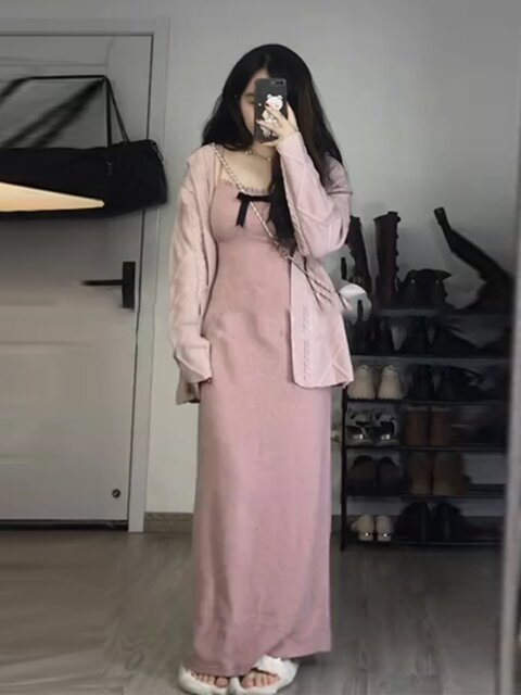 Large size suspender dress suit spring and autumn fat mm slimming cover French tea break high-end temperament two-piece set
