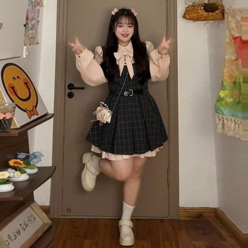 Plus-Size Youthful Bow-Knot Plaid Dress for Women, Autumn and Winter, Slimming Waist-Cinching Pleated Skirt, College Style Dress