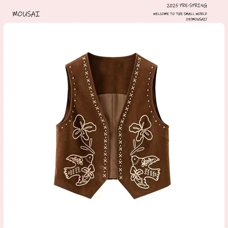 Bohemian Style Peace Dove Color-Blocked Embroidered Studded Vest for Women, Autumn Outerwear, Vintage Layered Sleeveless Vest