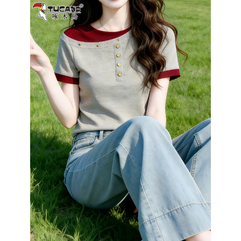 Woodpecker Color-Blocked Fake Two-Piece Off-Shoulder Pure Cotton Short-Sleeve Top 2026 Summer New Style Elegant Slimming T-Shirt for Women