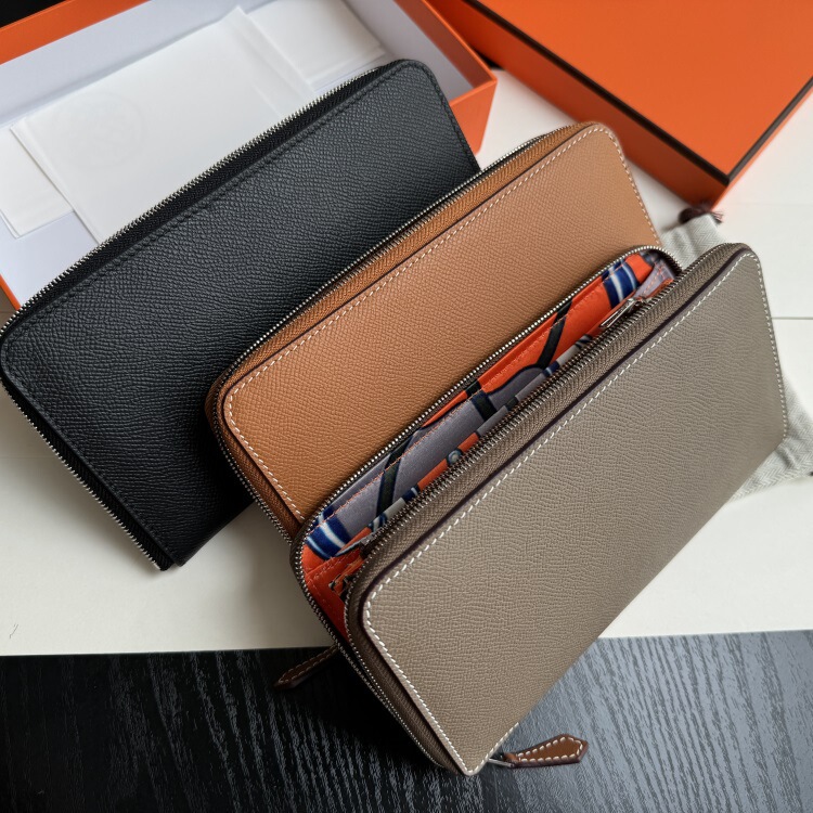 Ep Palm Print Calfskin H Wax Thread, Color-Blocked Silk Canvas Lining, Color-Blocked Long Zipper Wallet, Leather Wallet