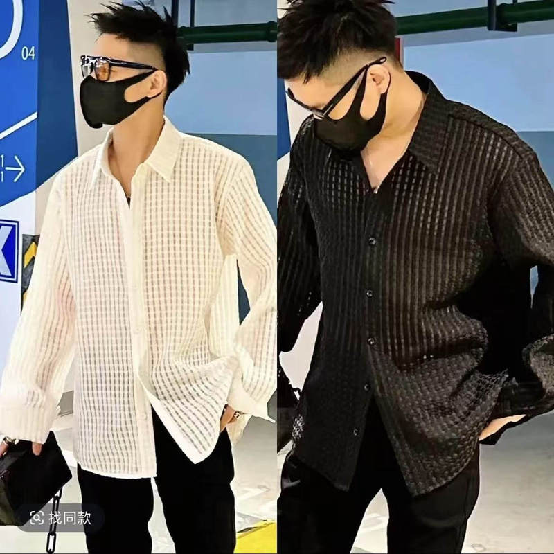 Summer Thin Slightly See-Through Korean Style Cut Out Plaid Long-Sleeved Shirt Men's High-End Handsome Mesh Shirt Jacket Top