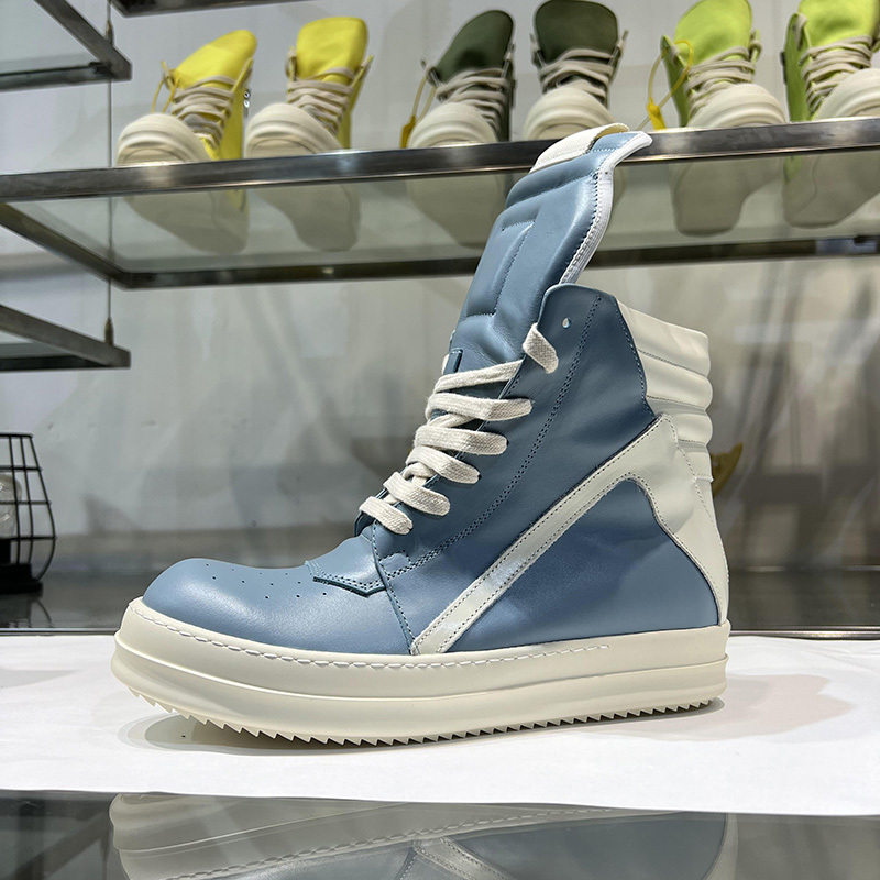 European and American High-Top Men's Shoes, New Blue Genuine Leather Short Boots, Inverted Triangle Thick Sole, Height-Increasing, Dark Casual Shoes for Women, Trendy