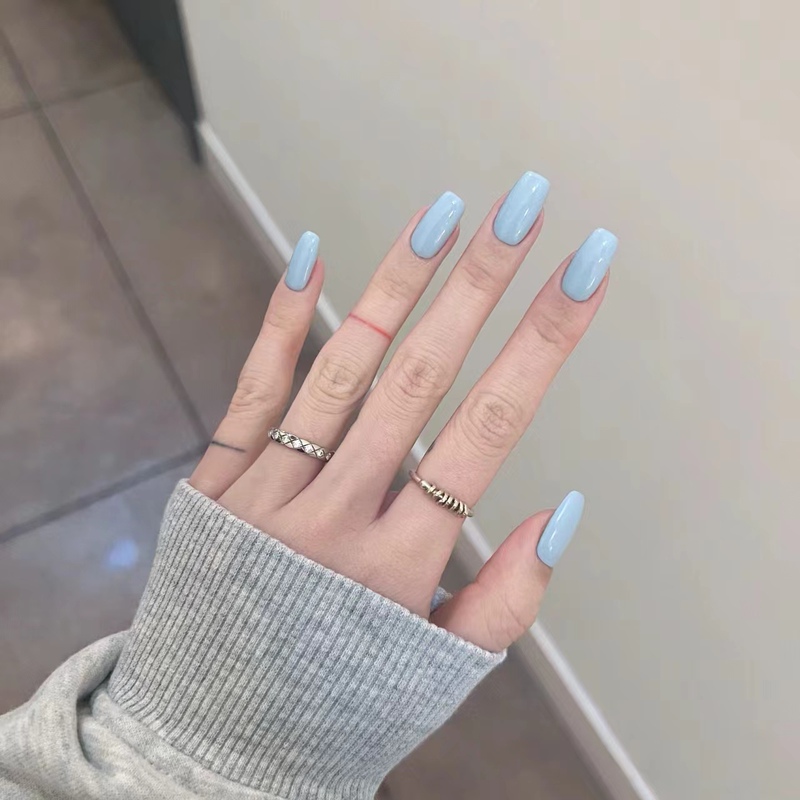 High-End Nude Fake Nails, Blue Short Style Wearable Nails, 2026 New Handmade Solid Color Finished Nail Patches