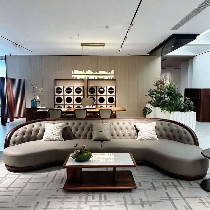 New Chinese-Style North American Black Walnut Leather Curved Sofa, Multi-Seater, 2026 New Model, Straight-Row Corner Solid Wood Sofa