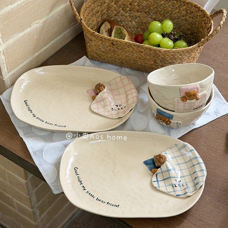 Cute Cartoon Three-Dimensional Bear Ceramic Bowl and Plate, Rough Pottery Irregular Bowl, Afternoon Tea Fruit Dessert Bowl, Household Tableware