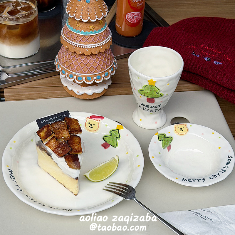 Cute Hand-Painted Christmas Tree Bear Mug Ceramic Tableware Set Gift Yogurt Bowl Beautiful Cake Plate Rice Bowl