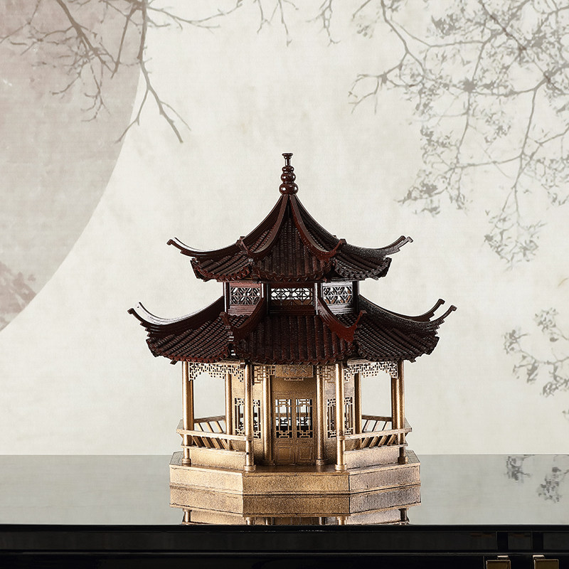 Wooden ancient building model New Chinese Suizhou landscaping pavilion antique bronze color finished style board room hotel furnishing