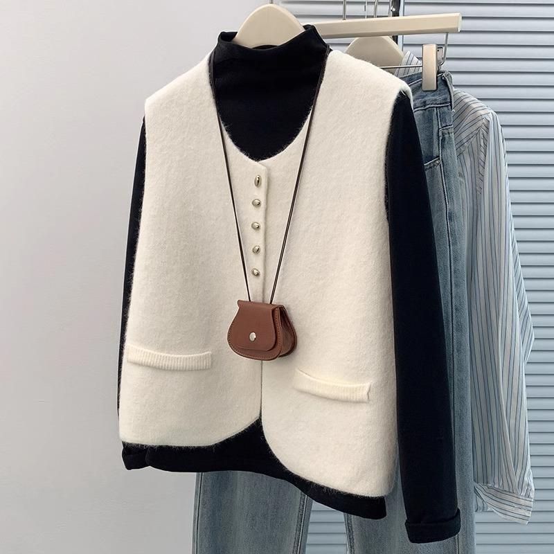 Chanel-Style Knitted Cardigan Vest for Women, Autumn and Winter French-Style Elegant Sweater Vest, Layered Thickened Sleeveless Jacket