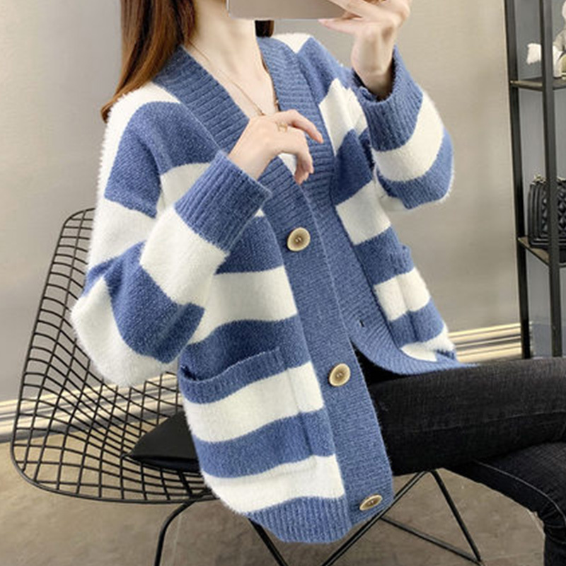 Striped Faux Mink Coat for Women, New Loose Oversized Sweater Cardigan, Thickened, Slimming, Outerwear, Short Style