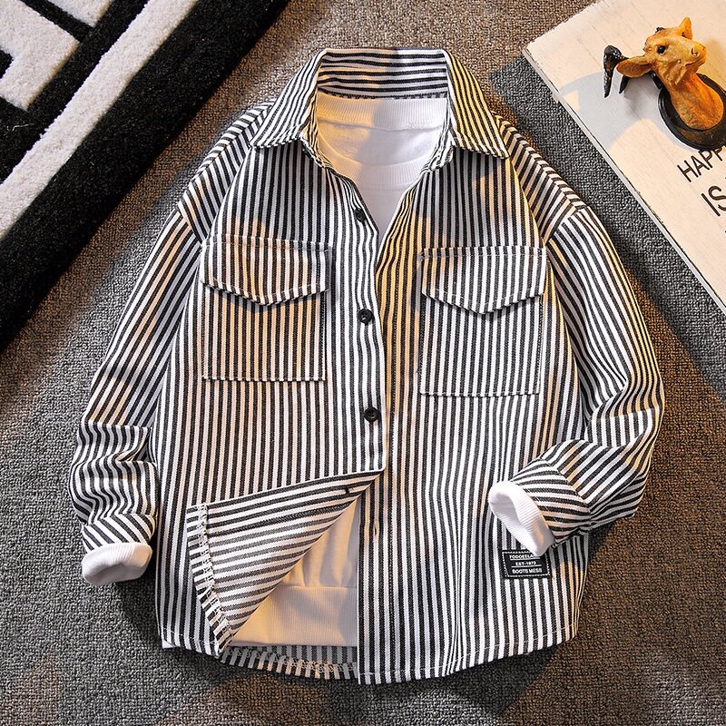 Boy Shirt 2022 Spring New Kids Shirt Spring Autumn Money Big Boy Striped Long Sleeve Boy Blouse Jacket