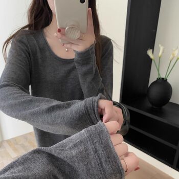 100% Cotton Wool Base Layer Sweater for Women, Thin Autumn and Winter Style, 48-Count Ultra-Fine Merino Round Neck Pullover Knitwear