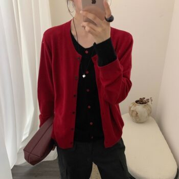 110-Count Ultra-Fine Merino Wool Knitwear for Women, Autumn and Winter Color-Blocking Retro Fake Two-Piece Long-Sleeve Wool Cardigan