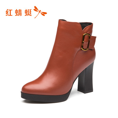 phụ nữ màu đỏ của đôi ủng mùa đông chính hãng phụ nữ da của giày cao gót nhung ấm thời trang thô bông giày 