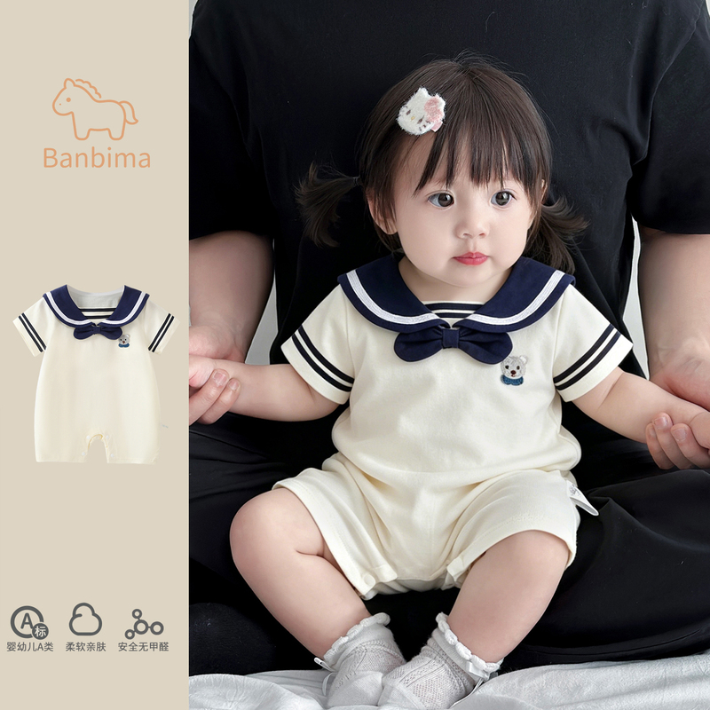 Navy Style Baby Summer Clothes for Girls, Short-Sleeved One-Piece Romper with Bow and Bear Design, Newborn Outdoor Crawling Outfit
