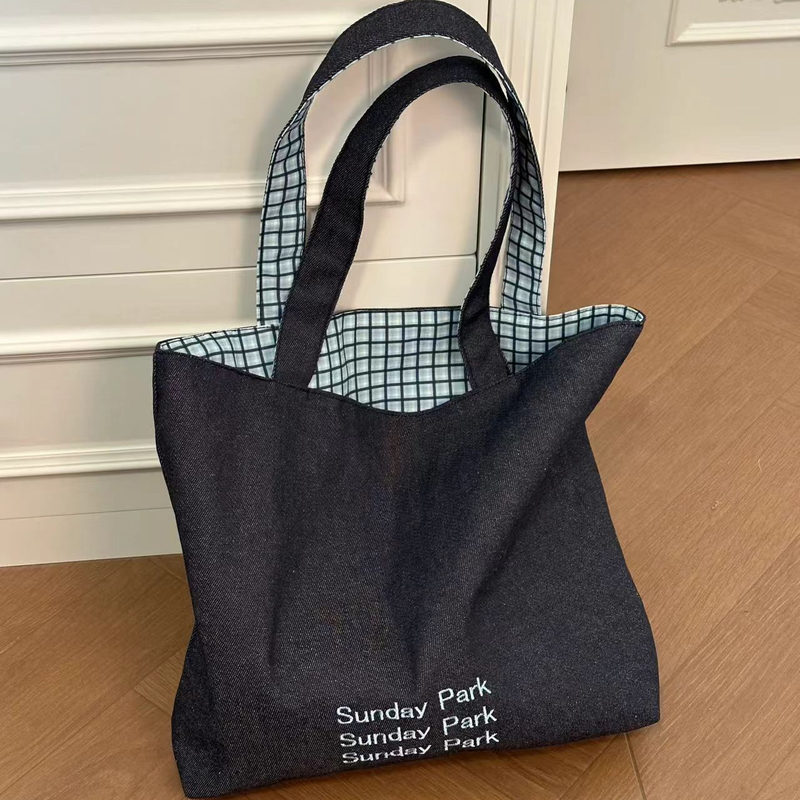 Korean Style Casual Plaid Double-Sided Denim Canvas Bag for Women 2025 New Large-Capacity Single-Shoulder Commuter Tote Bag