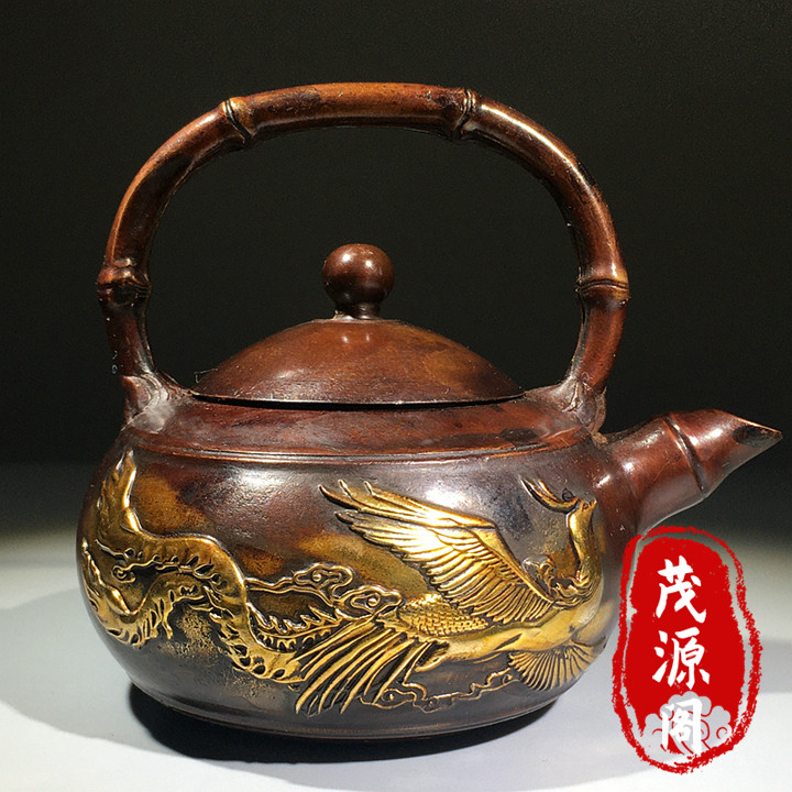 農村迴流銅器乾隆年制銅鎏金龍鳳提樑壺純銅茶壺酒壺擺件保真包老