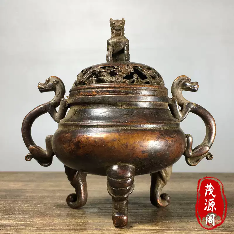 铜鎏金狮子香炉 纯铜鎏金瑞兽朝天吼狮子熏香炉摆件家用茶道铜香炉摆件老铜器收藏