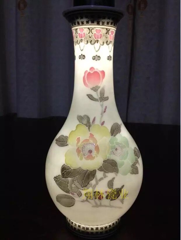 醴陵群力老瓷器--釉下彩25cm花瓶，蓝色双凤底款，90年代生产-淘宝