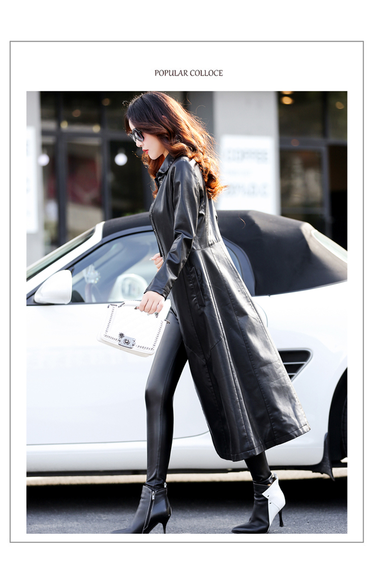 2018 thu đông mới Hain leather leather nữ dài phần đầu gối áo khoác da gió phiên bản Hàn Quốc giảm béo thon thả áo da nữ xịn nhập khẩu