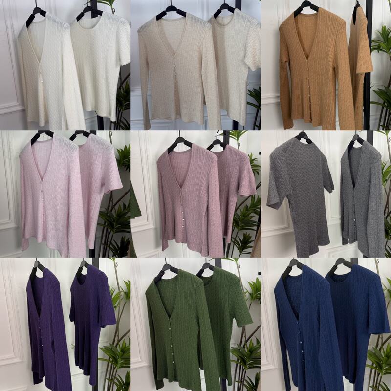 Sa Self-Made 3-Strand 90-Count 100% Cashmere Small Cable Knit Short-Sleeve/Cardigan Set