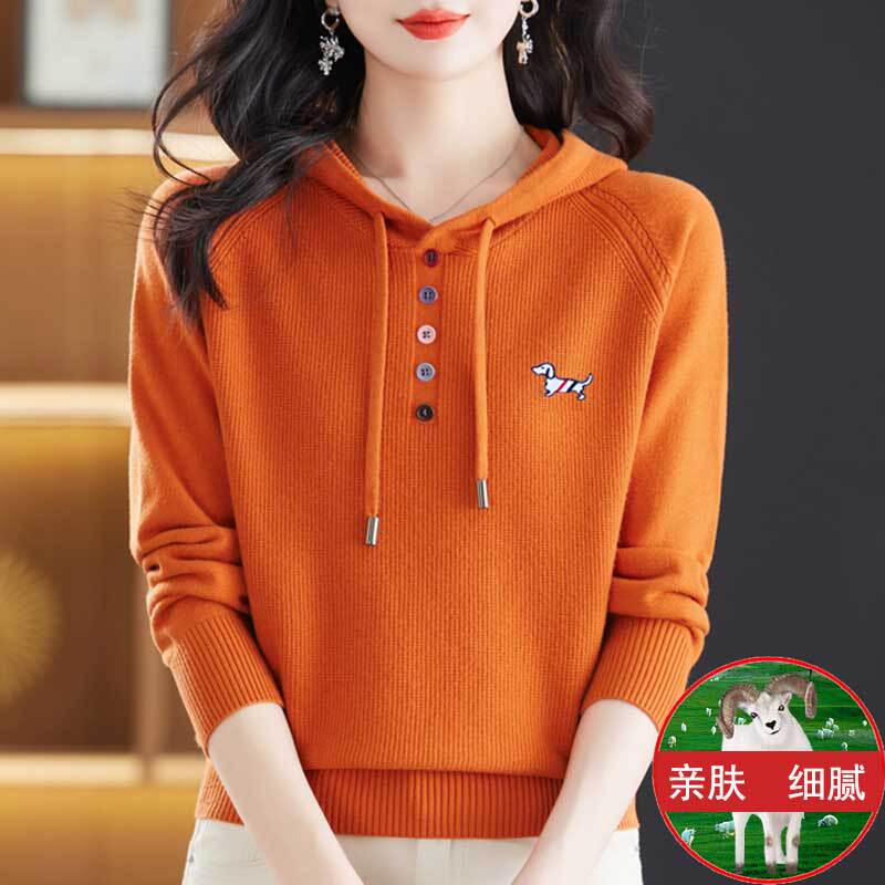 Ordos City Wool Hooded Sweatshirt for Women 2025 New Spring and Autumn Embroidered Sweater Knitted Hoodie for Outerwear in Winter