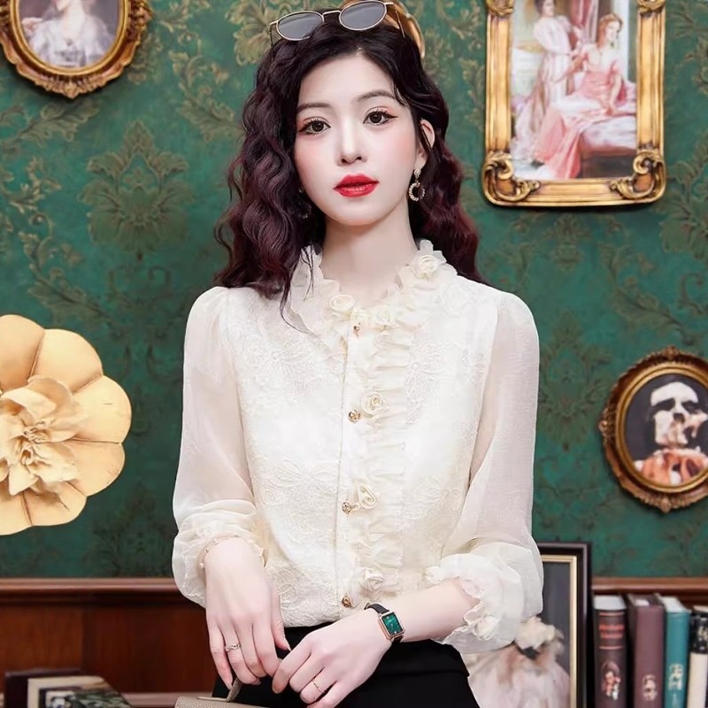 Шифоновая блузка, легкая роскошь, высококлассное ощущение осени и зимы 2025, новая красивая вышитая кружевная блузка, шикарная блузка с длинными рукавами