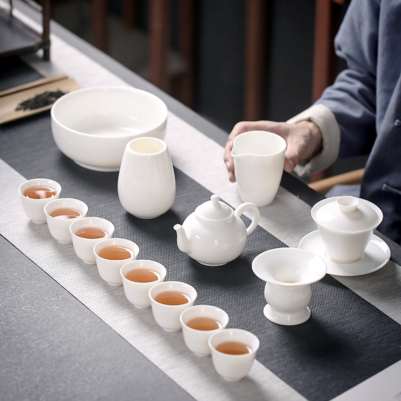 Dehua white porcelain suet jade tea tea set home a whole set of I and contracted tureen kung fu ceramic teapot
