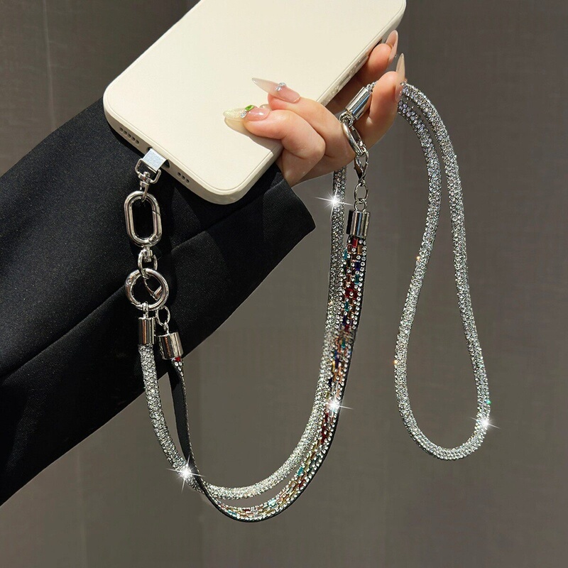 Crossbody Phone Chain Lanyard for Women, High-End Sparkling Diamond Neck Chain, Adjustable and Detachable Wide Wrist Strap with Pads