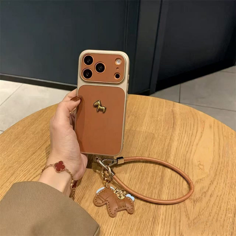 Suitable for Apple 17 Pro Max Phone Case, New 2026 Brown Leather Texture with Small Gold Horse, iPhone 16 Pro Max Instantly Transforms into 17, Full Coverage 15 Pro with a High-End Feel, Includes Lanyard, 14/13 Super Popular Air Case