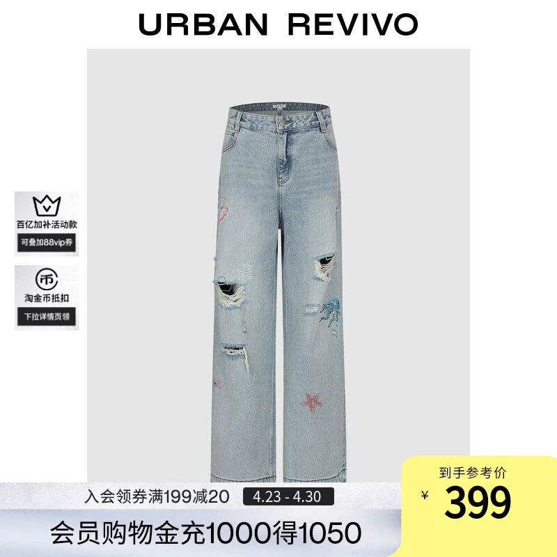 Ur2026 New Summer Women's Casual Ocean Beaded Washed Ripped Denim Pants Uyl860087