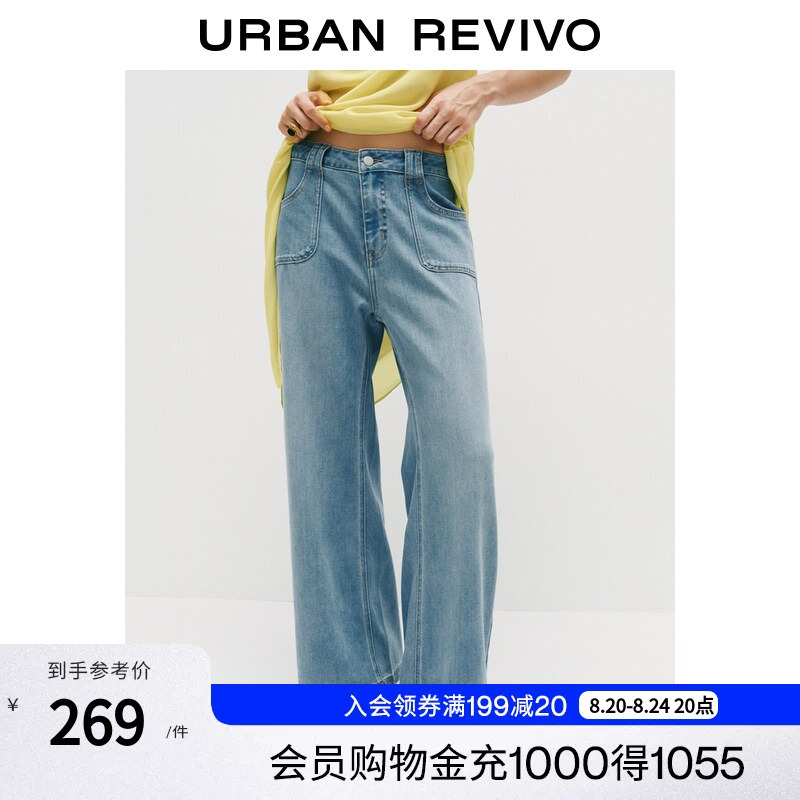 Ur2026 Autumn New Women's Fashionable Washed Topstitched Patch Pocket Wide-Leg Denim Pants Uwm860237