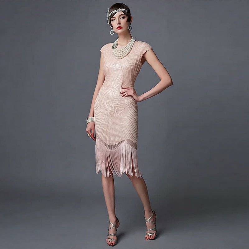 Gatsby Clothing Foreign Trade Sequined European and American Popular Women's Retro Dress 1920S Ball Gown Round Neck Gatsby Clothing Foreign Trade Sequined European and American Popular Women's Retro Dress 1920S Ball Gown Round Neck