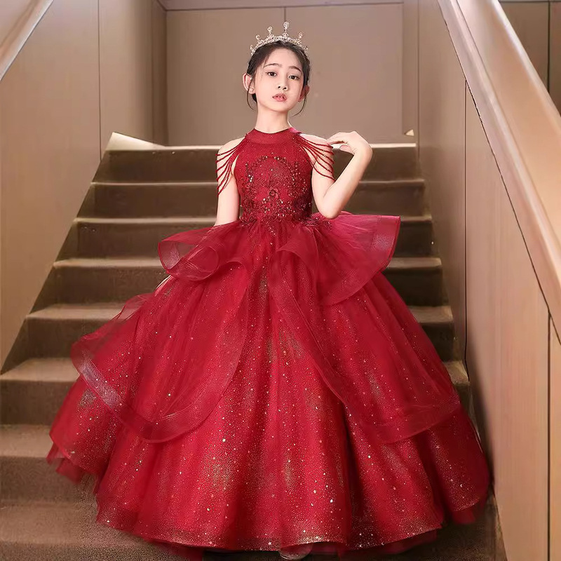Girls' Dress Red Plus Size Kidsren's Model Catwalk Birthday Princess Dress Middle School Student Host Singing Speech Dress