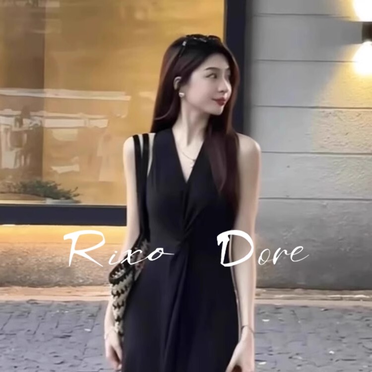 Rixo Dore French-Style High-End Black V-Neck Sleeveless Dress, Niche Hepburn-Style Elegant Tank Top Waist-Cinching Long Dress