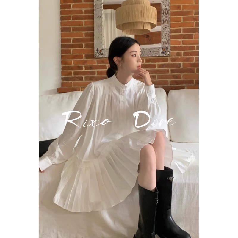 Rixo Dore French High-End Design Retro Stand-Up Collar Shirt Dress for Women Slimming and Gentle Style Pleated Skirt