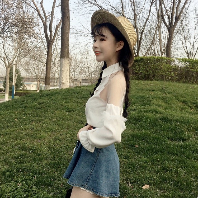 Mùa xuân và hè của phụ nữ phiên bản Hàn Quốc của lưới hoang ngọt ngào khâu quây áo sơ mi dài tay dễ thương cổ áo POLO cổ áo voan sơ mi dài tay