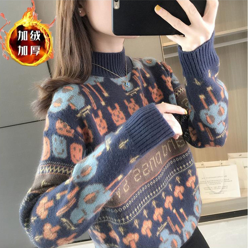 2025 New Women's Half-Turtleneck Sweater, Autumn and Winter Fleece-Lined Thick Cartoon Fashion Stylish Knit Base Shirt Trendy