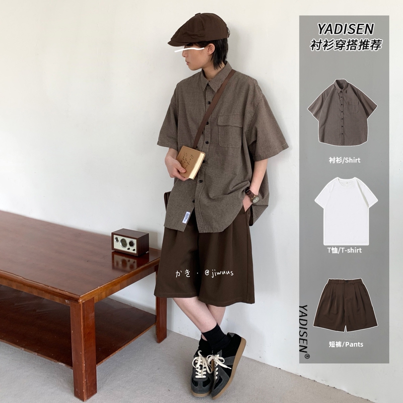Japanese-Style Workwear Short-Sleeved Shirt Set for Men, Summer Hong Kong Style Plaid Shirt Jacket, Men's Outfit, Cool and Handsome Complete Set